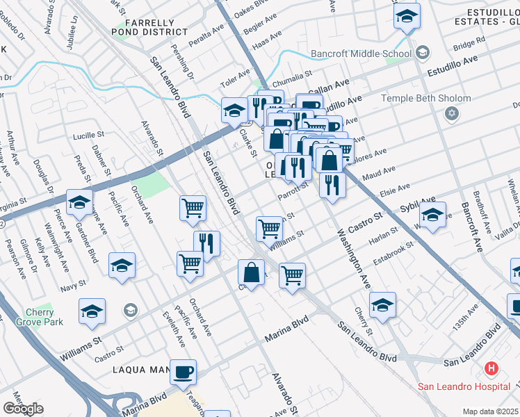 map of restaurants, bars, coffee shops, grocery stores, and more near Carpentier Street & Parrott Street in San Leandro