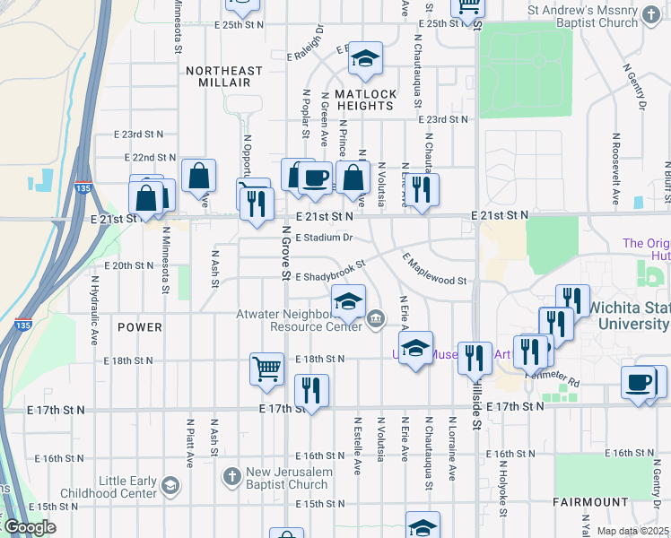 map of restaurants, bars, coffee shops, grocery stores, and more near 2508 East Shadybrook Street in Wichita
