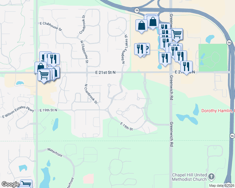 map of restaurants, bars, coffee shops, grocery stores, and more near Chateau Parkway North in Wichita