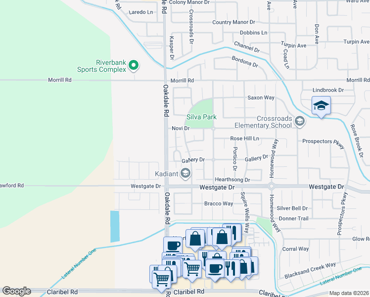 map of restaurants, bars, coffee shops, grocery stores, and more near 5624 Cornerstone Drive in Riverbank