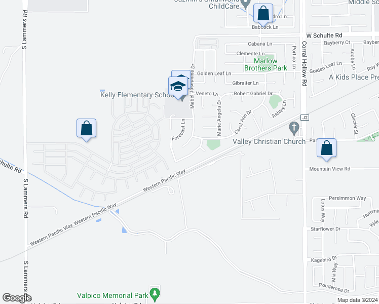 map of restaurants, bars, coffee shops, grocery stores, and more near 2517 Marie Antonette Lane in Tracy