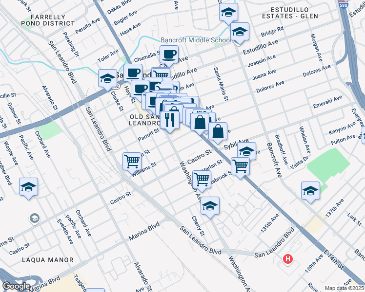 map of restaurants, bars, coffee shops, grocery stores, and more near 139 Williams Street in San Leandro