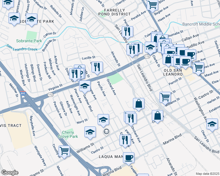 map of restaurants, bars, coffee shops, grocery stores, and more near 1350 Pacific Avenue in San Leandro
