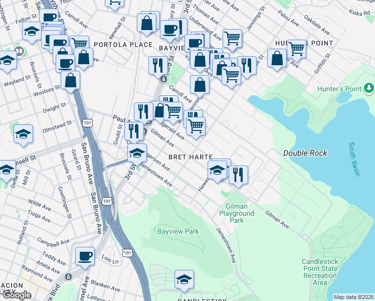map of restaurants, bars, coffee shops, grocery stores, and more near 1225 Gilman Avenue in San Francisco