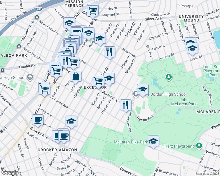 map of restaurants, bars, coffee shops, grocery stores, and more near 451 Athens Street in San Francisco