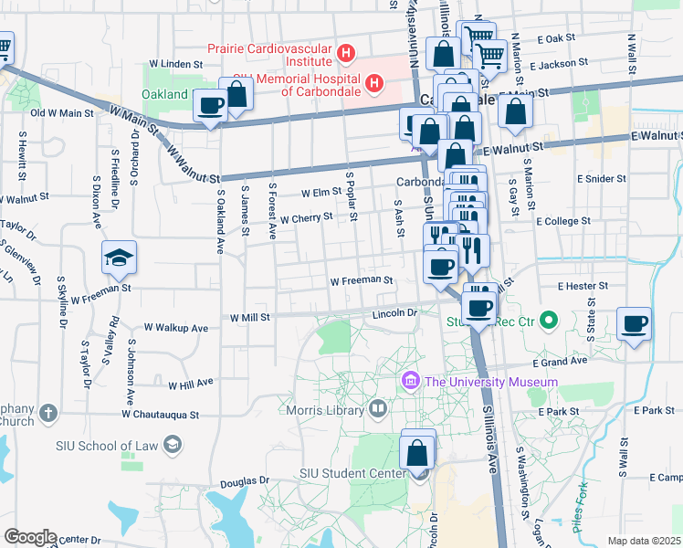 map of restaurants, bars, coffee shops, grocery stores, and more near 700 South Poplar Street in Carbondale