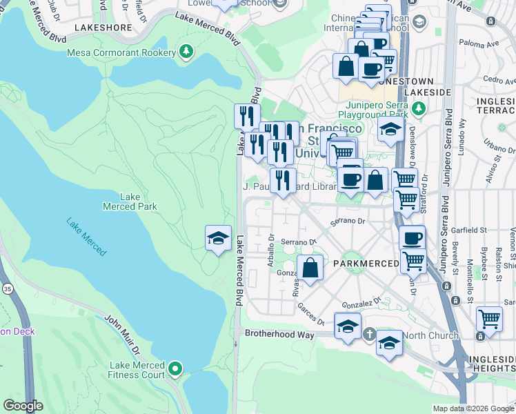 map of restaurants, bars, coffee shops, grocery stores, and more near 310 Arballo Drive in San Francisco