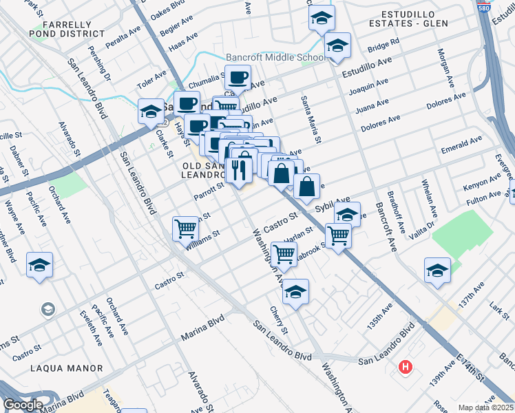 map of restaurants, bars, coffee shops, grocery stores, and more near 139 Williams Street in San Leandro