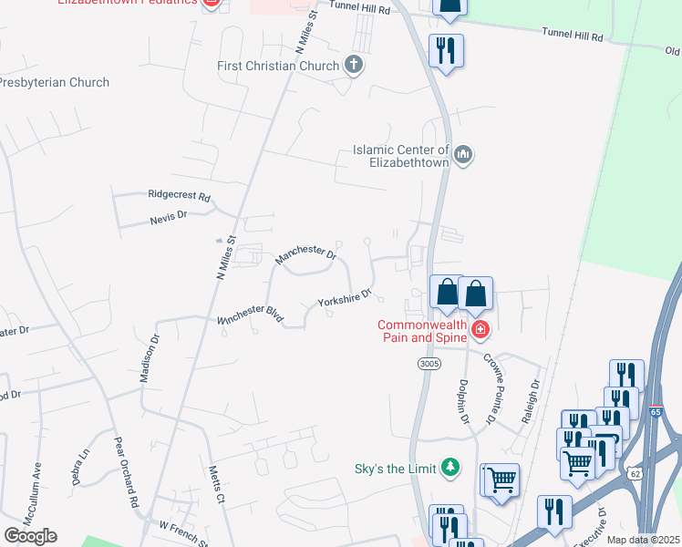 map of restaurants, bars, coffee shops, grocery stores, and more near 1519 Manchester Drive in Elizabethtown