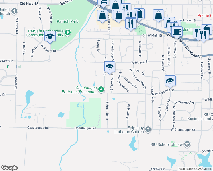 map of restaurants, bars, coffee shops, grocery stores, and more near 451-619 S Emerald Ln in Carbondale