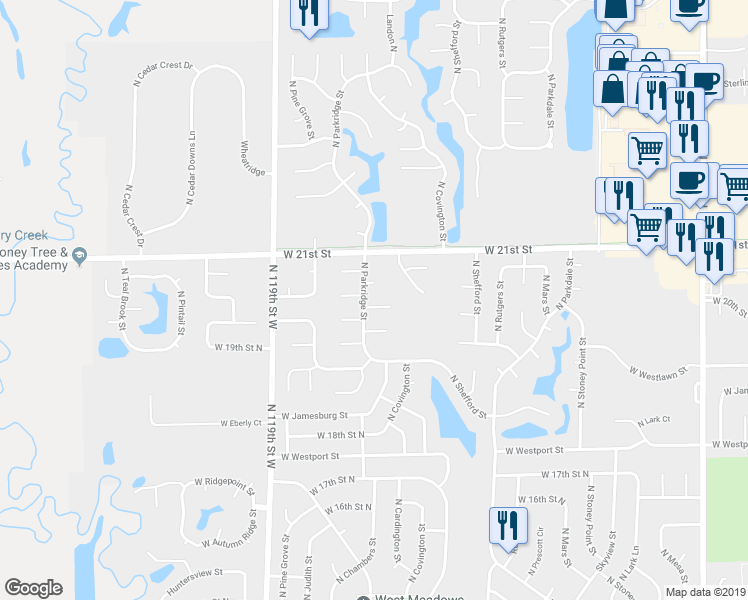 map of restaurants, bars, coffee shops, grocery stores, and more near 2058 North Parkridge Court in Wichita