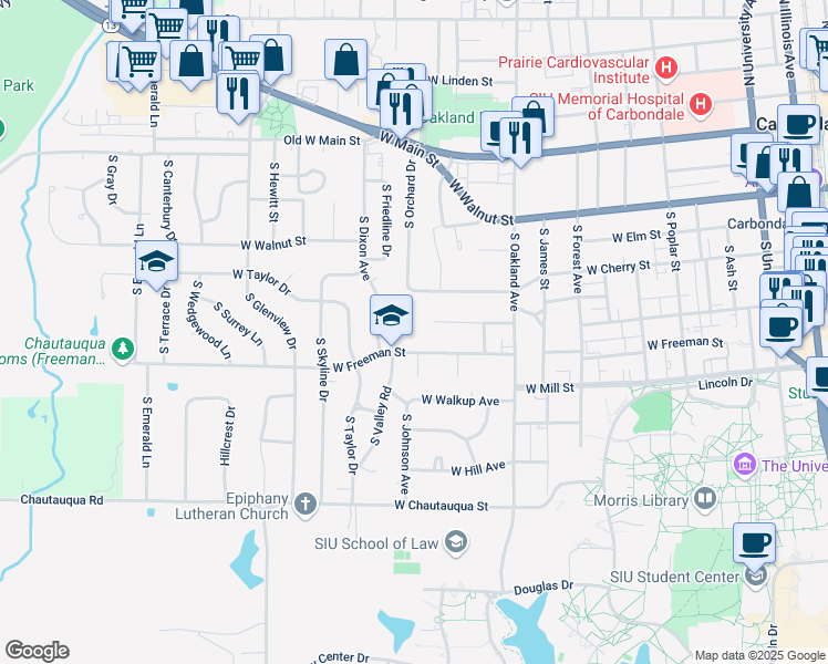map of restaurants, bars, coffee shops, grocery stores, and more near 1216 West Freeman Street in Carbondale