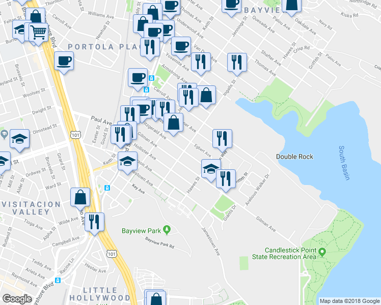 map of restaurants, bars, coffee shops, grocery stores, and more near 1180 Fitzgerald Avenue in San Francisco