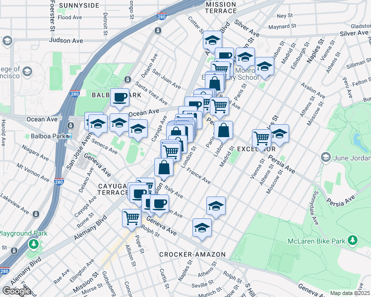 map of restaurants, bars, coffee shops, grocery stores, and more near 4859 Mission Street in San Francisco