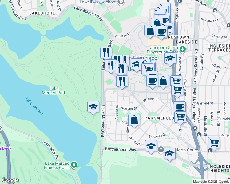map of restaurants, bars, coffee shops, grocery stores, and more near 199 Vidal Drive in San Francisco