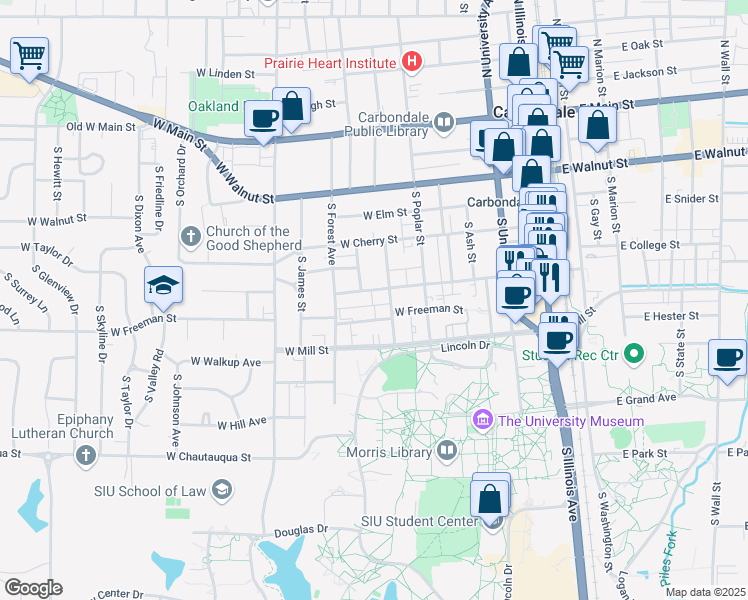 map of restaurants, bars, coffee shops, grocery stores, and more near 700 West Freeman Street in Carbondale