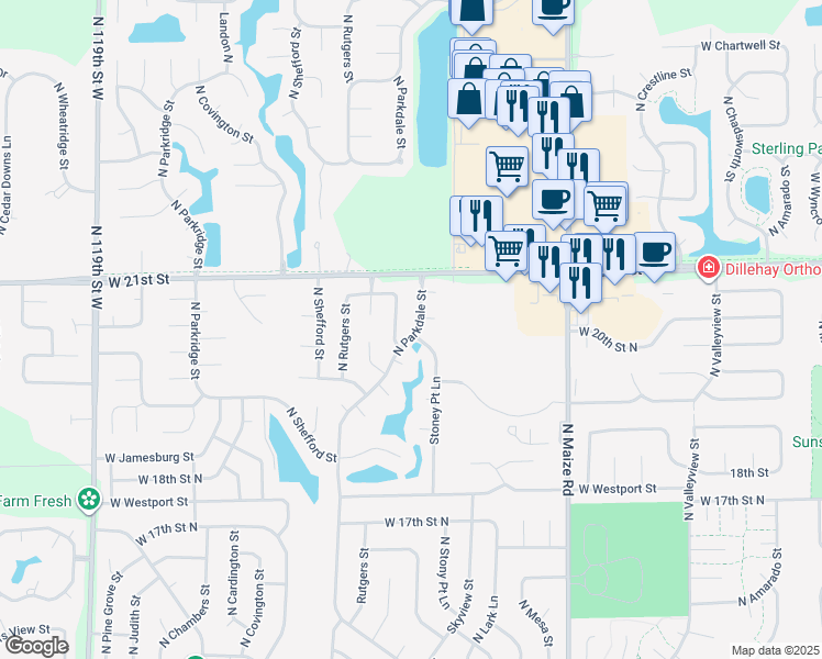 map of restaurants, bars, coffee shops, grocery stores, and more near 2021 North Stoney Point Street in Wichita