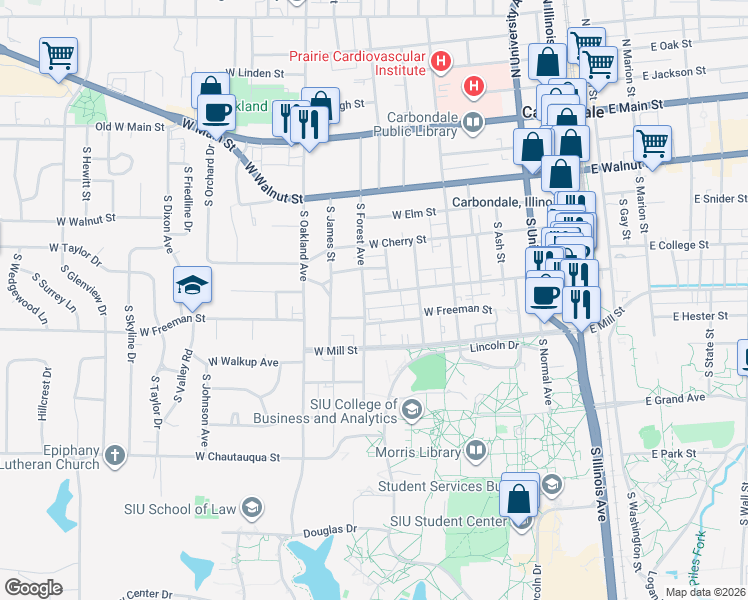map of restaurants, bars, coffee shops, grocery stores, and more near 820 West Freeman Street in Carbondale