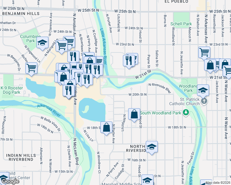 map of restaurants, bars, coffee shops, grocery stores, and more near 1527 West 20th Street North in Wichita