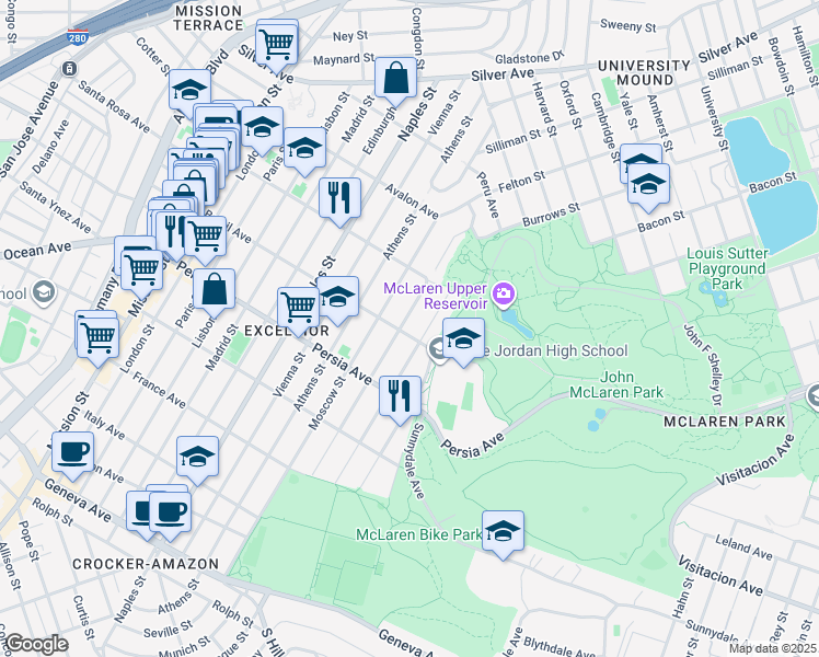 map of restaurants, bars, coffee shops, grocery stores, and more near 291 Munich Street in San Francisco