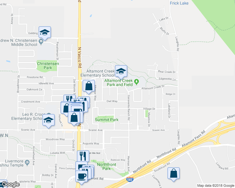 map of restaurants, bars, coffee shops, grocery stores, and more near 1599 Mallard Street in Livermore
