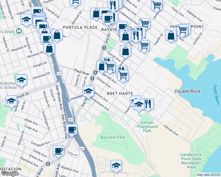 map of restaurants, bars, coffee shops, grocery stores, and more near 1267 Gilman Avenue in San Francisco