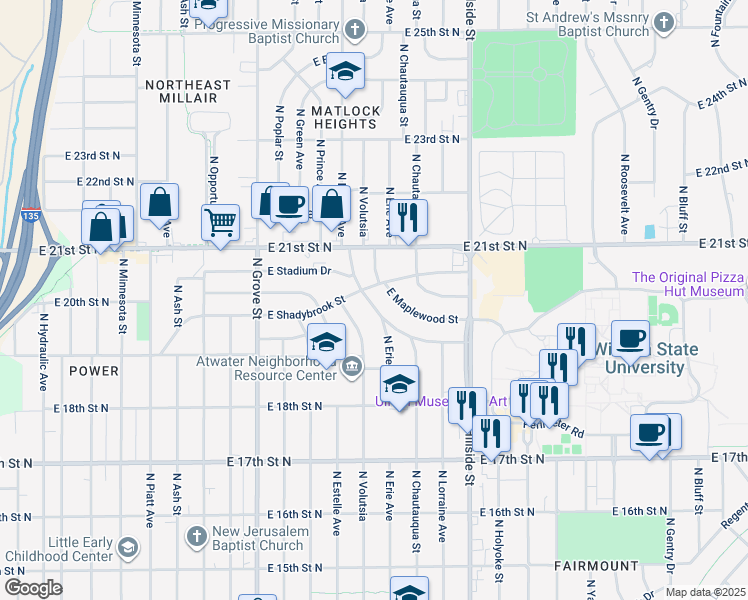 map of restaurants, bars, coffee shops, grocery stores, and more near 2810 East Stadium Drive in Wichita