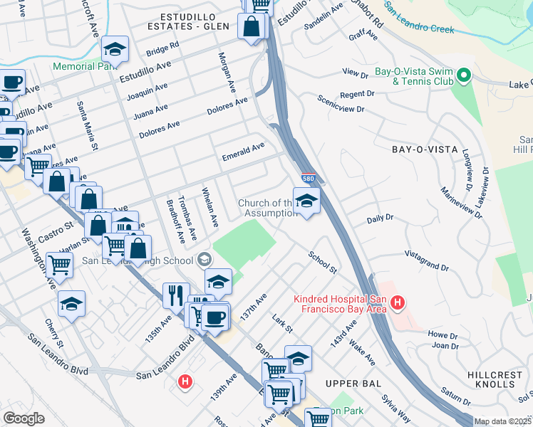map of restaurants, bars, coffee shops, grocery stores, and more near 914 School Street in San Leandro