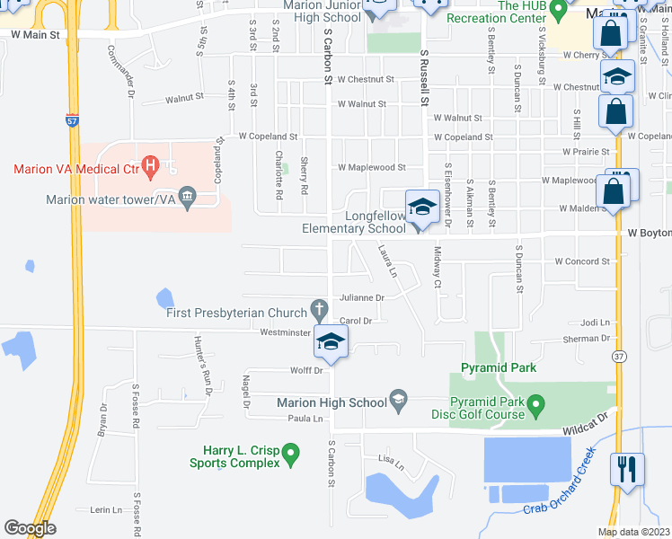 map of restaurants, bars, coffee shops, grocery stores, and more near 1706 Turnage Lane in Marion