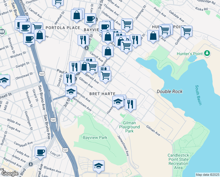 map of restaurants, bars, coffee shops, grocery stores, and more near 1180 Fitzgerald Avenue in San Francisco