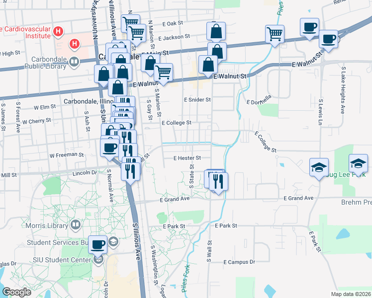 map of restaurants, bars, coffee shops, grocery stores, and more near 318 East Hester Street in Carbondale