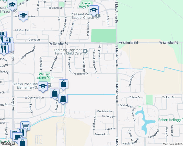 map of restaurants, bars, coffee shops, grocery stores, and more near Yosemite Drive & Merced Way in Tracy