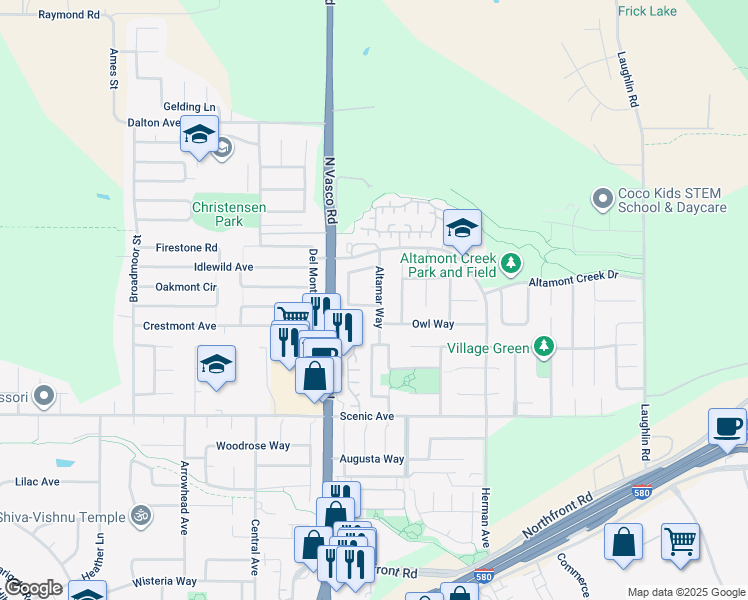 map of restaurants, bars, coffee shops, grocery stores, and more near 6217 Altamar Circle in Livermore