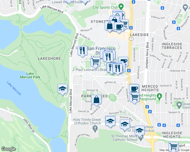 map of restaurants, bars, coffee shops, grocery stores, and more near Holloway Ave & Tapia Dr in San Francisco
