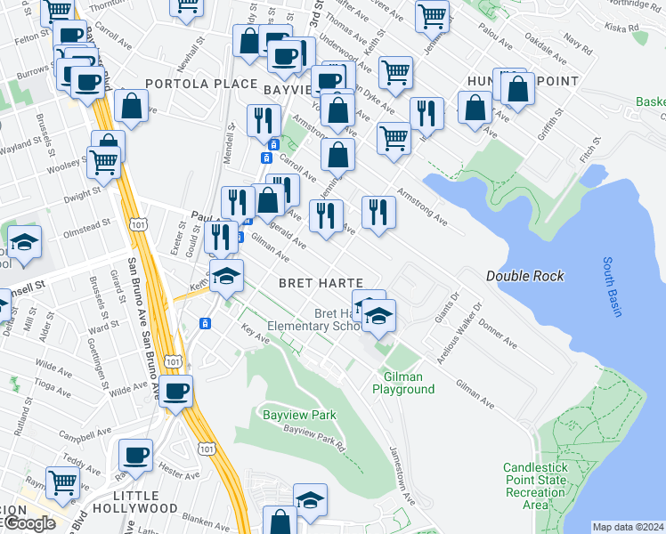 map of restaurants, bars, coffee shops, grocery stores, and more near Ingalls St & Fitzgerald Ave in San Francisco