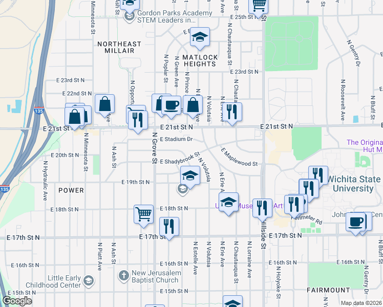 map of restaurants, bars, coffee shops, grocery stores, and more near 2605 East Shadybrook Street in Wichita