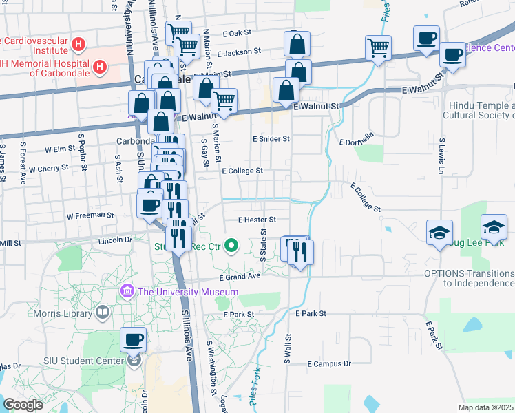 map of restaurants, bars, coffee shops, grocery stores, and more near 318 East Hester Street in Carbondale