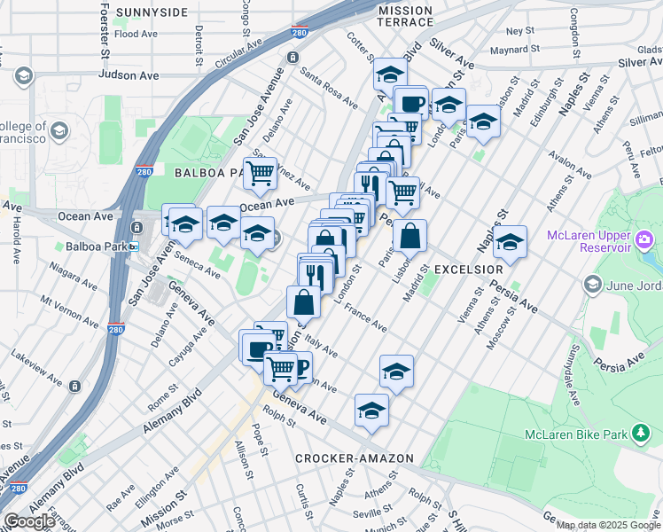map of restaurants, bars, coffee shops, grocery stores, and more near 4859 Mission Street in San Francisco