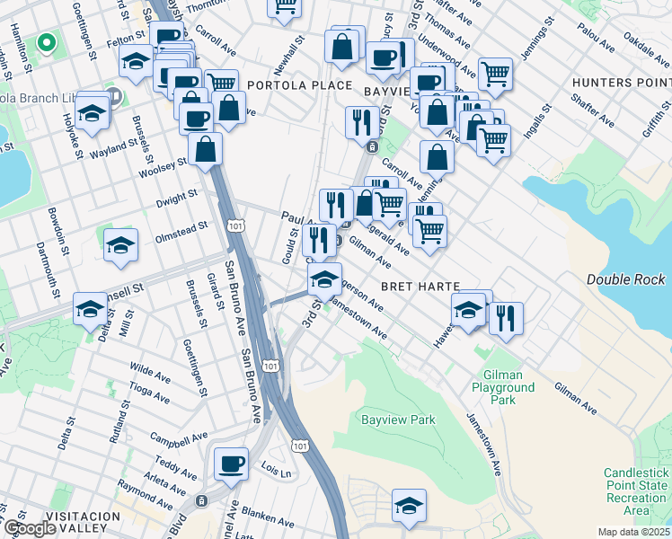 map of restaurants, bars, coffee shops, grocery stores, and more near 1151 Ingerson Avenue in San Francisco