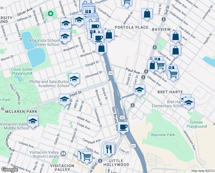 map of restaurants, bars, coffee shops, grocery stores, and more near 985 Girard Street in San Francisco
