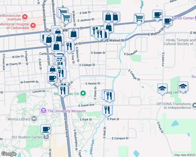 map of restaurants, bars, coffee shops, grocery stores, and more near in Carbondale