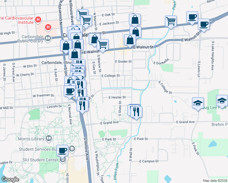 map of restaurants, bars, coffee shops, grocery stores, and more near 318 East Hester Street in Carbondale