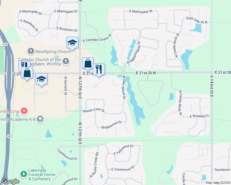 map of restaurants, bars, coffee shops, grocery stores, and more near 2061 North Glen Wood Street in Wichita
