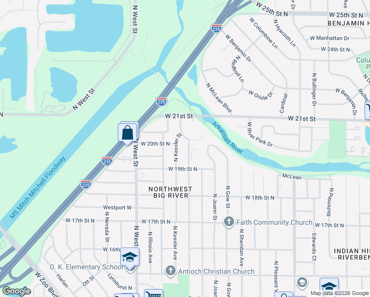 map of restaurants, bars, coffee shops, grocery stores, and more near 2028 North Kessler Street in Wichita