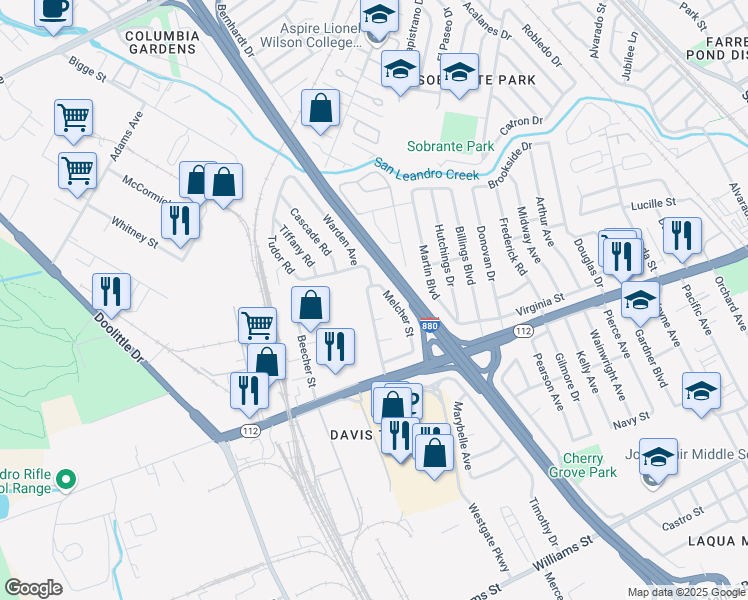map of restaurants, bars, coffee shops, grocery stores, and more near 934 Warden Avenue in San Leandro