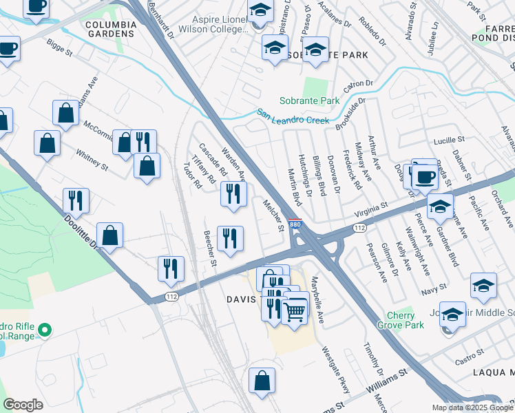 map of restaurants, bars, coffee shops, grocery stores, and more near 934 Warden Avenue in San Leandro