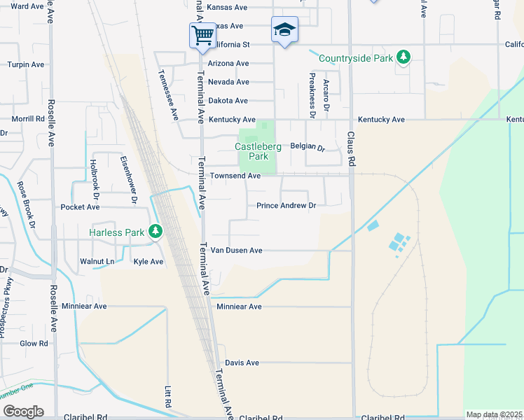 map of restaurants, bars, coffee shops, grocery stores, and more near 3742 Prince Andrew Drive in Riverbank