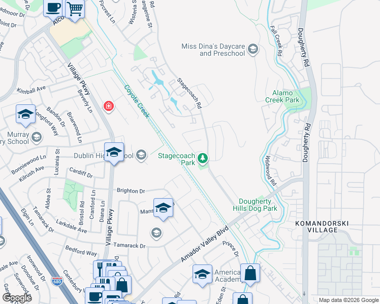 map of restaurants, bars, coffee shops, grocery stores, and more near 7724 Turquoise Street in Dublin