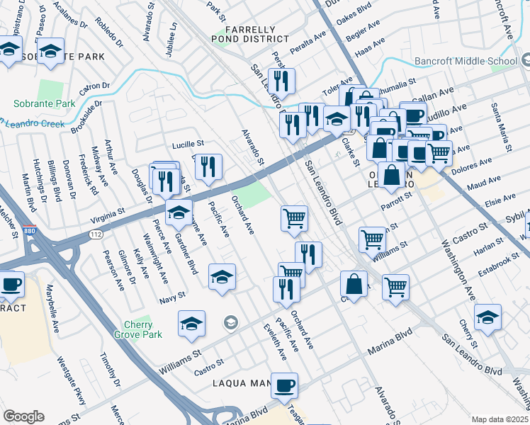 map of restaurants, bars, coffee shops, grocery stores, and more near 1525 Alvarado Street in San Leandro