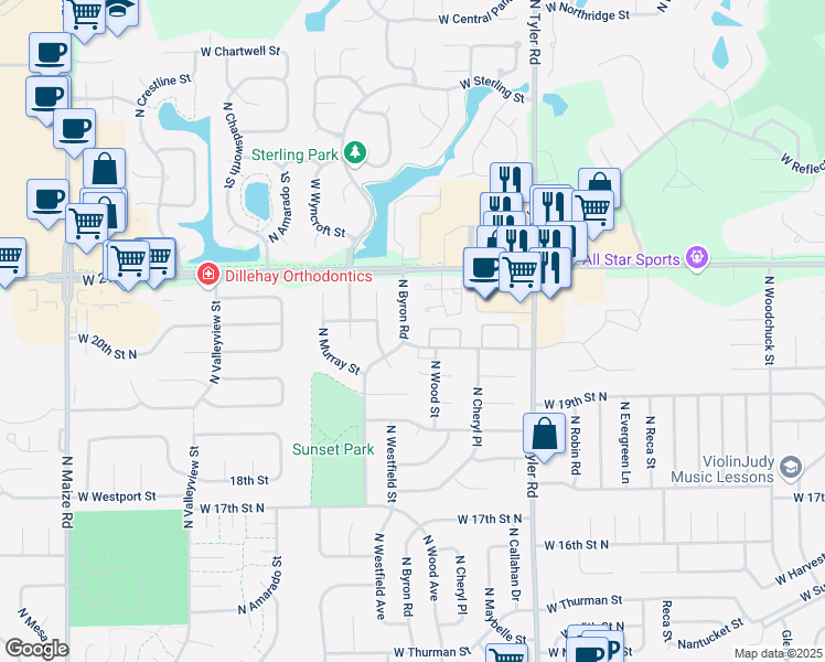 map of restaurants, bars, coffee shops, grocery stores, and more near 9119 West Westlawn Street in Wichita